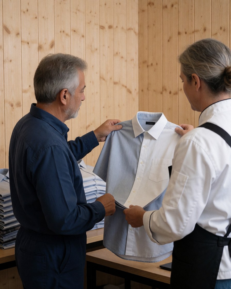 A satisfied client examines a shirt while interacting with a staff member in a retail clothing store setting.