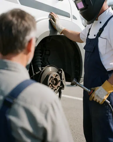 Technician wearing welding helmet inspecting a repaired truck brake in an outdoor workshop setting