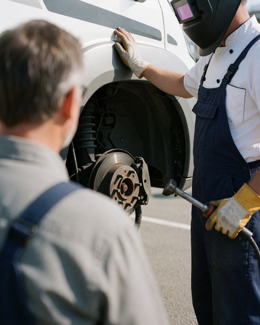 Technician wearing welding helmet inspecting a repaired truck brake in an outdoor workshop setting