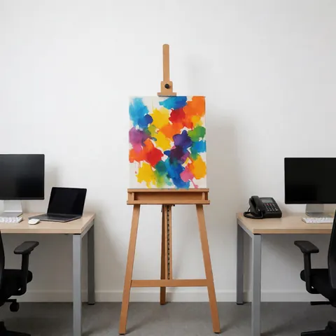 Abstract artwork with vibrant colors displayed on a wooden easel in a white-walled studio with professional lighting