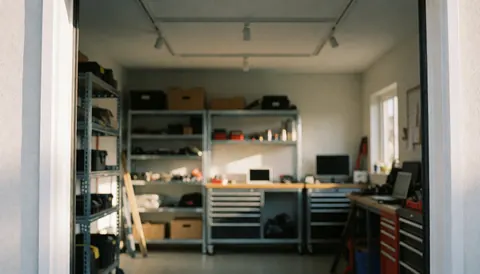 Professional garage workshop background featuring metal shelves, work tables, and tools illuminated by natural light