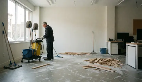 Professional cleaner pushing a cleaning cart in an empty office with concrete and wood flooring.