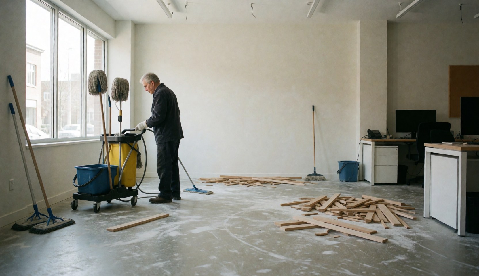Professional cleaner pushing a cleaning cart in an empty office with concrete and wood flooring.