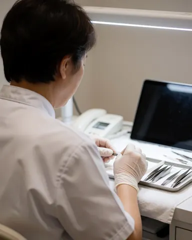 A technician in a white uniform and gloves organizes tweezers on a tray at a work table under bright light in a lash salon