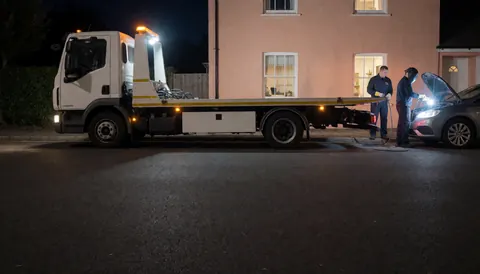 Tow truck crew attending to a car with its hood open at night, illuminated by truck and street lights near a house.