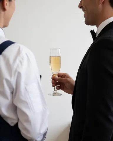 A waiter in a suit pours champagne into a glass for a client at a formal gala with a white background