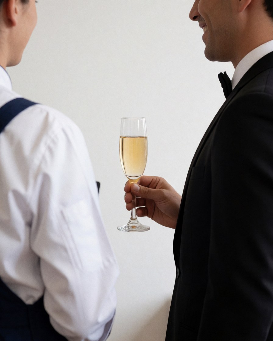 A waiter in a suit pours champagne into a glass for a client at a formal gala with a white background