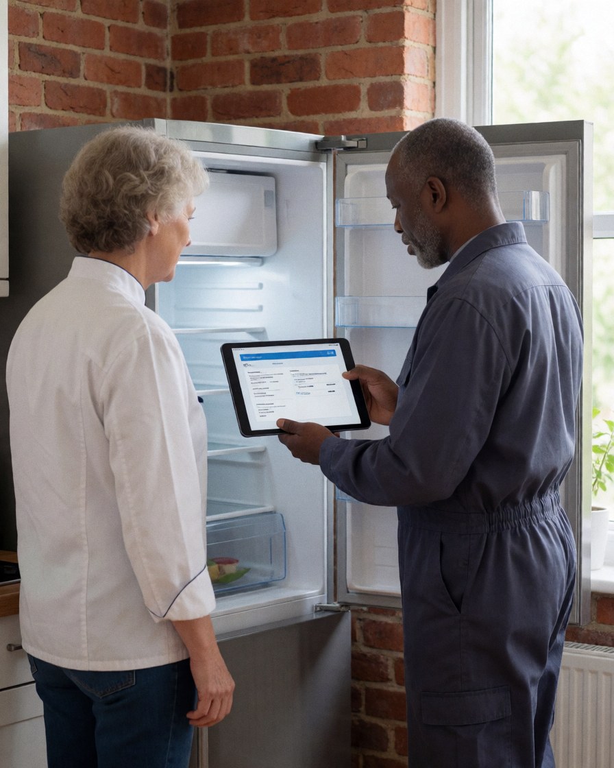 Technician displays diagnostic results on a tablet to a customer standing in front of an open refrigerator in a kitchen with a brick wall.