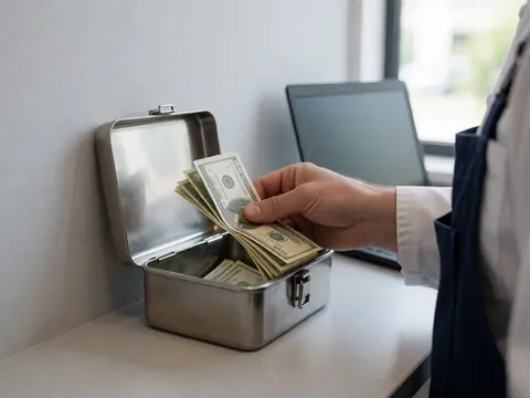 Close-up of a hand counting bills inside an open metal cash box on a table with a laptop in the background