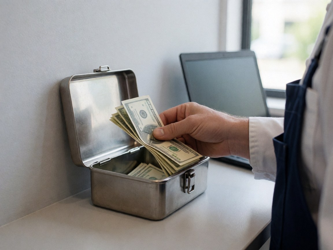 Close-up of a hand counting bills inside an open metal cash box on a table with a laptop in the background