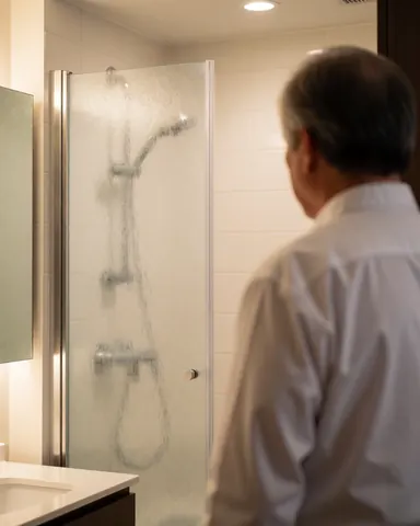 An adult customer observes a new glass shower door in a modern bathroom with white walls and warm lighting.