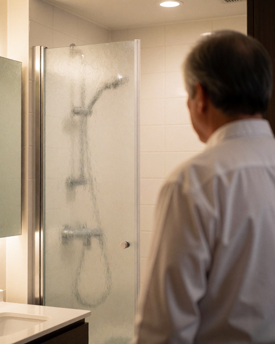 An adult customer observes a new glass shower door in a modern bathroom with white walls and warm lighting.