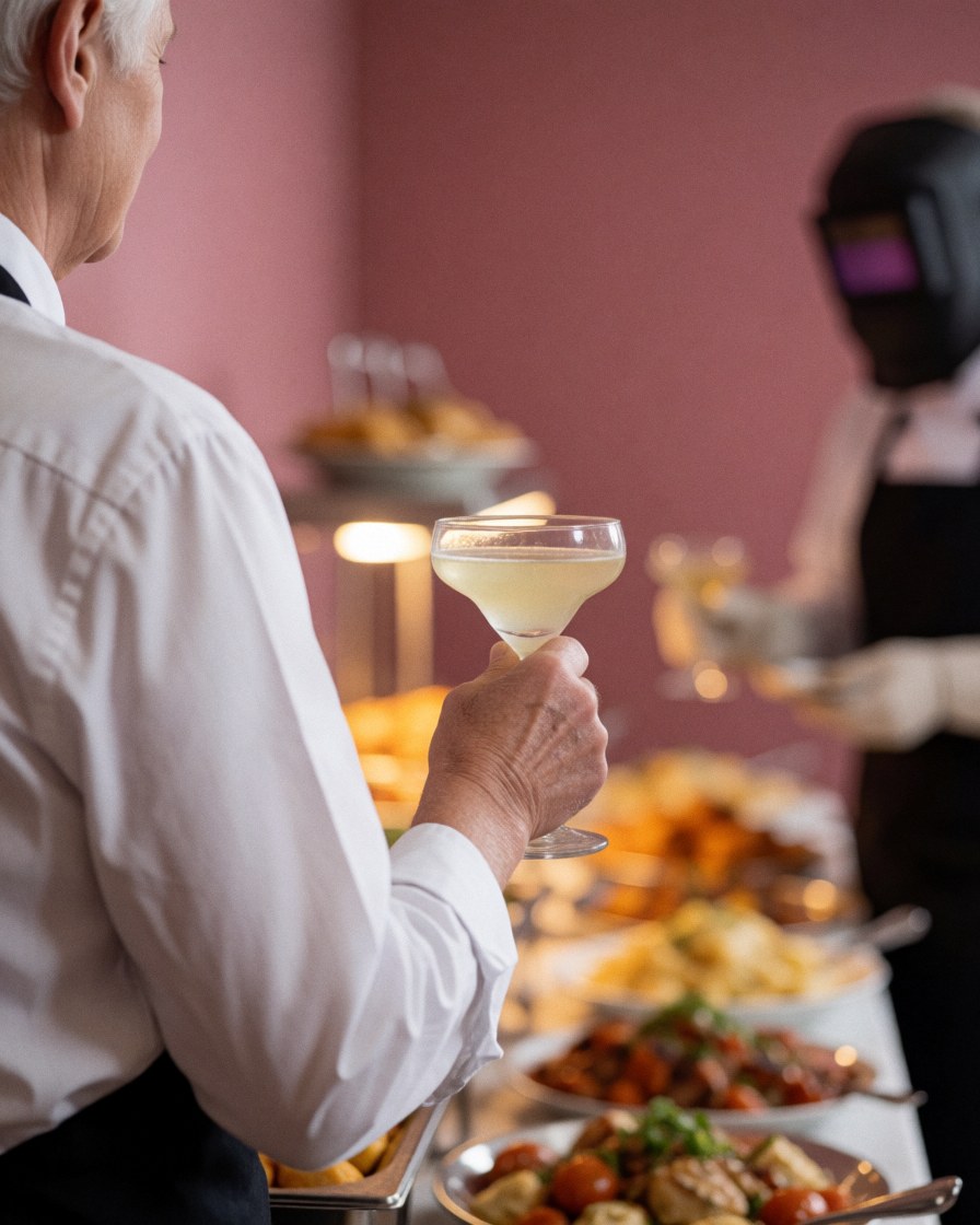 A guest holds a cocktail glass while standing near a buffet table with varied food, set against a pink wall with warm lighting.
