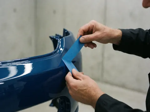 Close-up of a hand removing blue painter's tape from a shiny car bumper against a concrete wall, showing a clean finish detail.
