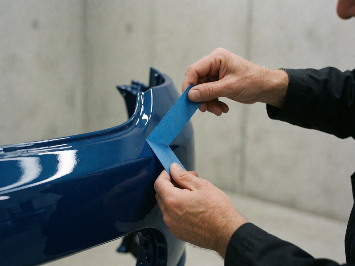 Close-up of a hand removing blue painter's tape from a shiny car bumper against a concrete wall, showing a clean finish detail.