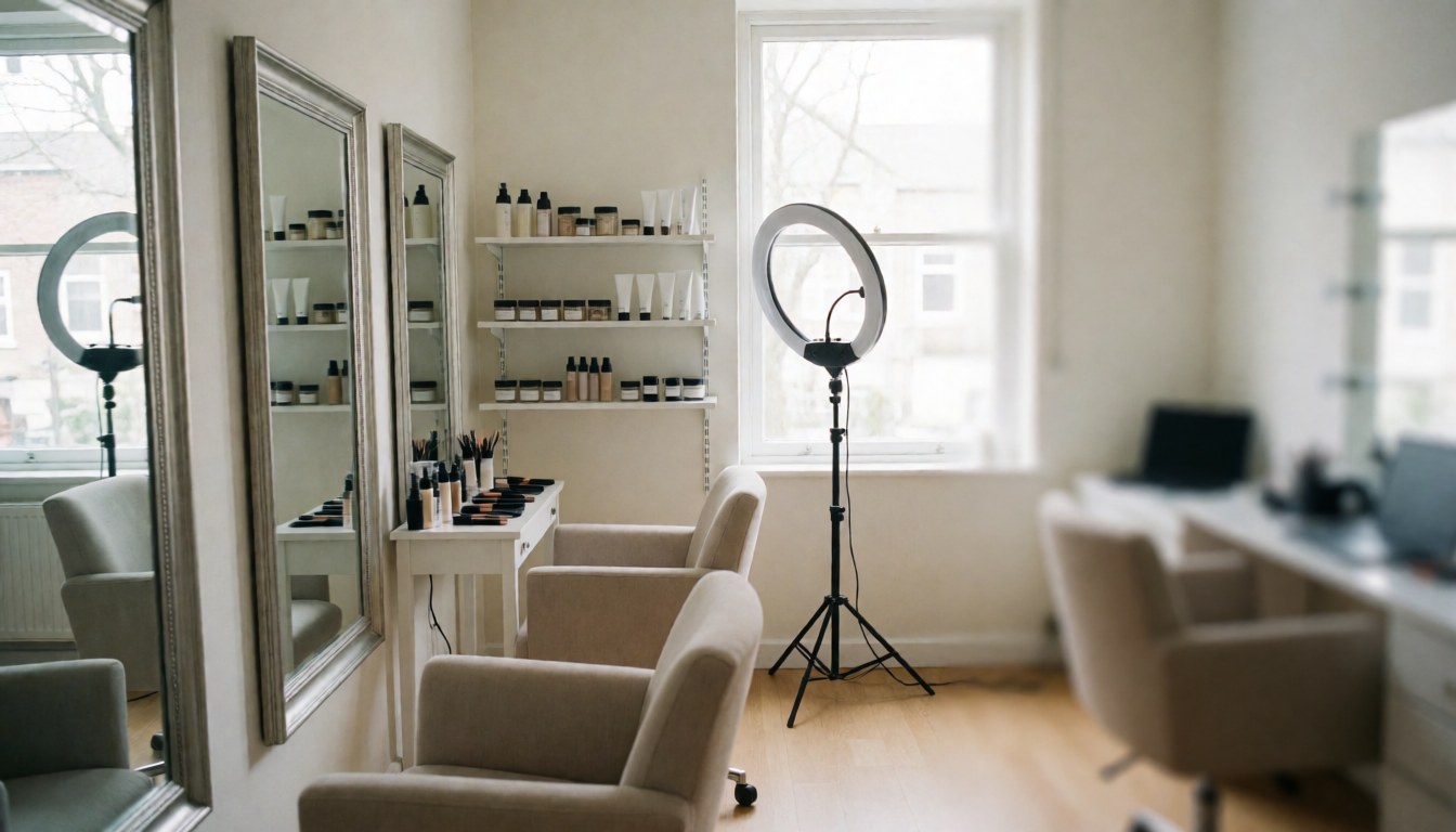 Bright professional makeup studio featuring large mirrors, comfortable chairs, and shelves stocked with cosmetic products, illuminated by natural light and ring lights.