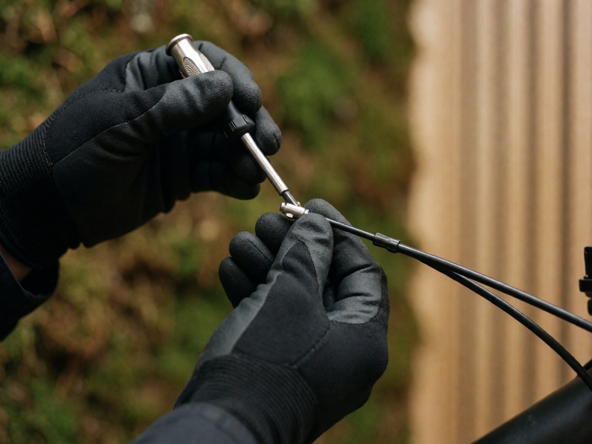 Close-up of gloved hands using a precision screwdriver to adjust a bicycle cable against a green mossy background and wooden wall.