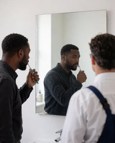 A bearded man brushes his teeth before a frameless mirror while a professional bathroom installer in an apron observes the finished work.