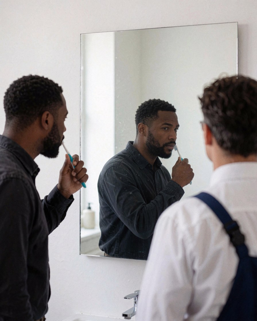 A bearded man brushes his teeth before a frameless mirror while a professional bathroom installer in an apron observes the finished work.