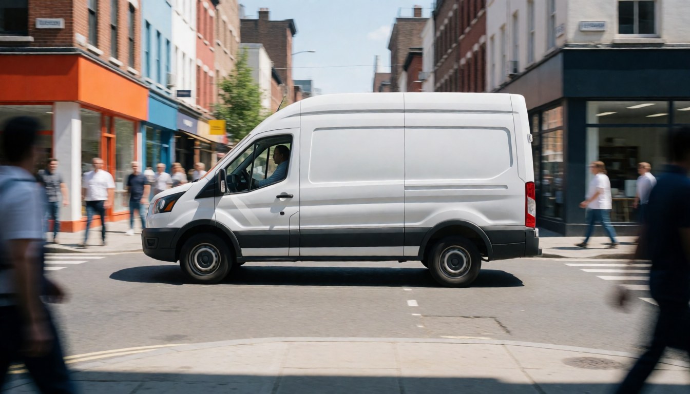 White truck driving through an urban intersection with pedestrians and storefronts in the background under bright sunlight.