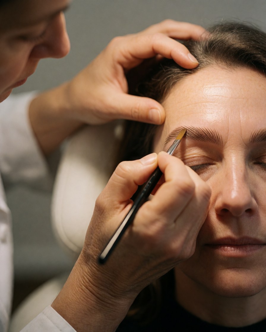 A beauty professional uses a fine brush to apply eyebrow lamination gel to a client's brows in a salon with light gray walls.