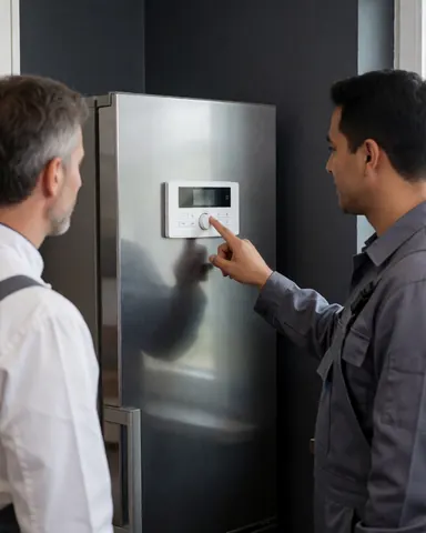 Technician adjusting the control panel of a stainless steel refrigerator while a customer watches in a kitchen with gray walls.