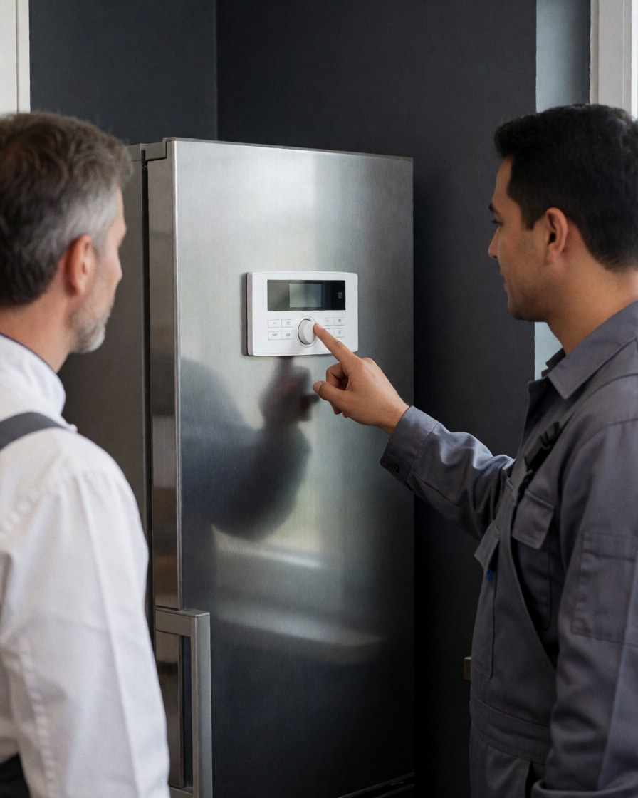 Technician adjusting the control panel of a stainless steel refrigerator while a customer watches in a kitchen with gray walls.