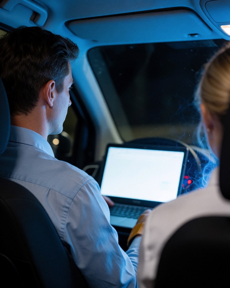 Two people inside a vehicle at night, one using a laptop with blue lights creating a calm atmosphere during public transport travel