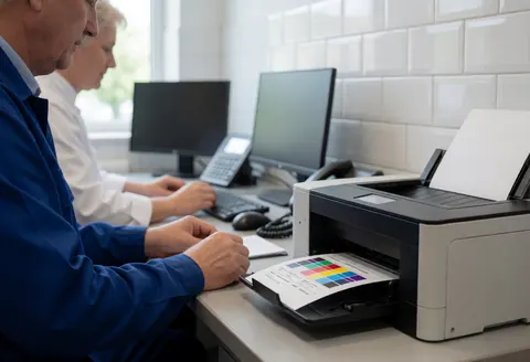 A printer outputs a color test page in an office with white tiled walls and natural light.