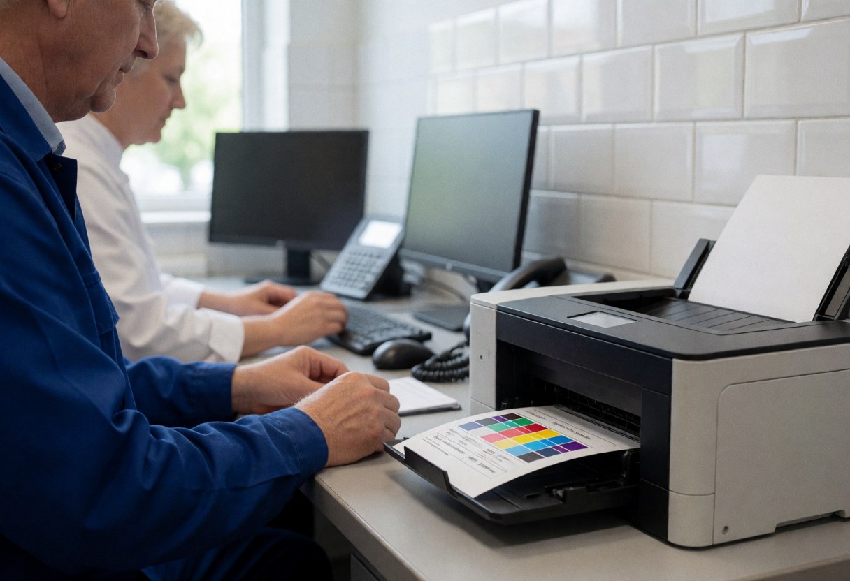 A printer outputs a color test page in an office with white tiled walls and natural light.