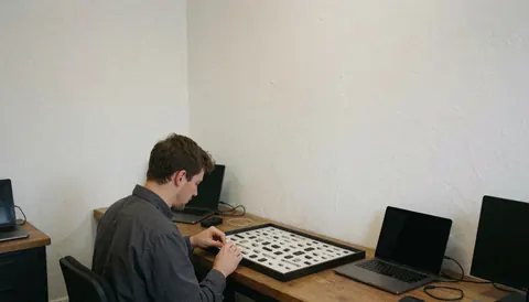 Electronics repair technician checking chargers on a wooden counter with laptops and white walls in a workshop setting