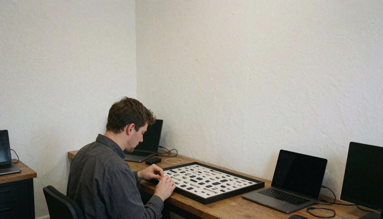 Electronics repair technician checking chargers on a wooden counter with laptops and white walls in a workshop setting