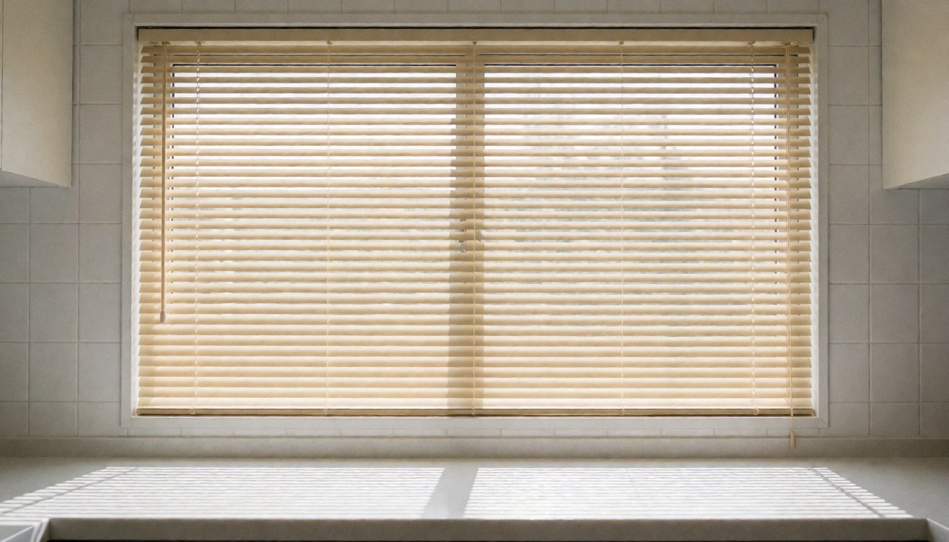 Lowered wooden insulation blind on a kitchen window with white tiles, natural light, and a clean surface