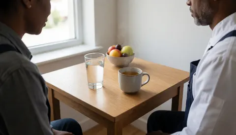 Steaming tea and fresh fruit arranged on a wooden table in a calm relaxation space after a cupping massage session.