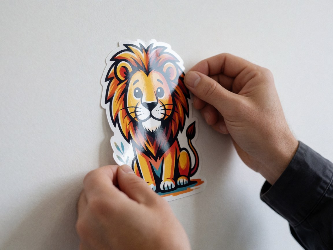 A close-up detail of a hand applying a vibrant cartoon lion sticker to a white wall, showcasing zoo-themed interior decoration.