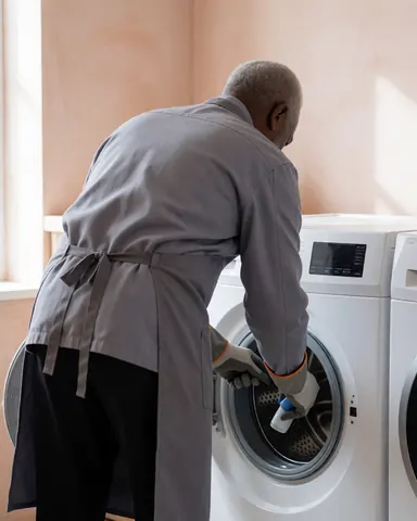 A technician wearing gloves applies cleaning solution to a washing machine in a room with terracotta walls
