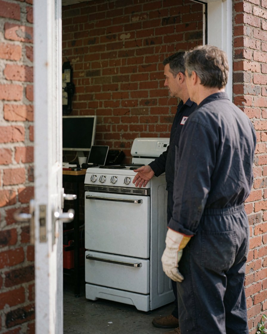 A technician and a client are inspecting a clean white stove inside a workshop with brick walls.