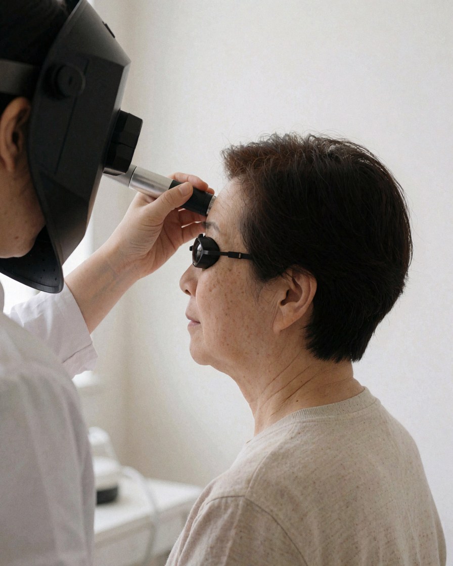 Technician applying a dermatological treatment to a patient's forehead while the patient wears protective eyewear in a clinical setting.