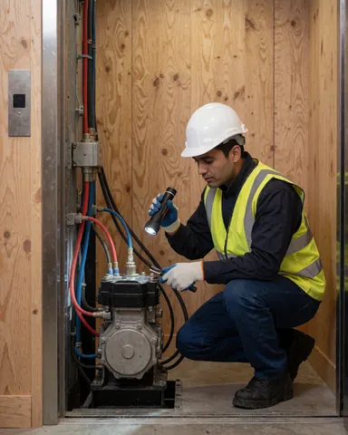 Technician in safety gear inspecting a hydraulic pump inside an elevator shaft using a flashlight.
