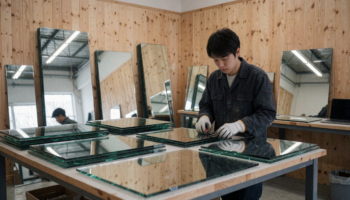 A worker wearing gloves cuts glass in a vehicle recycling workshop with mirrors and light wood walls