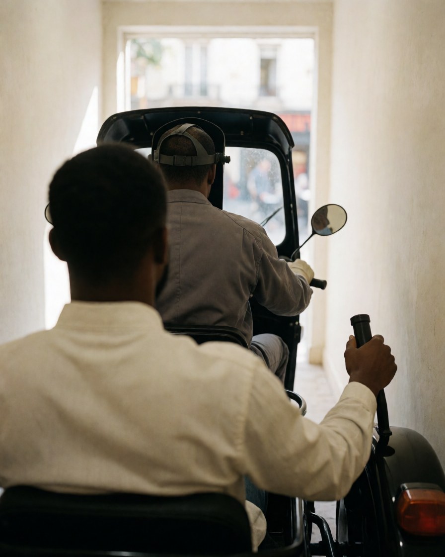 A smiling passenger seated in the sidecar of a motorcycle taxi, with the driver visible ahead on the street in an urban setting.