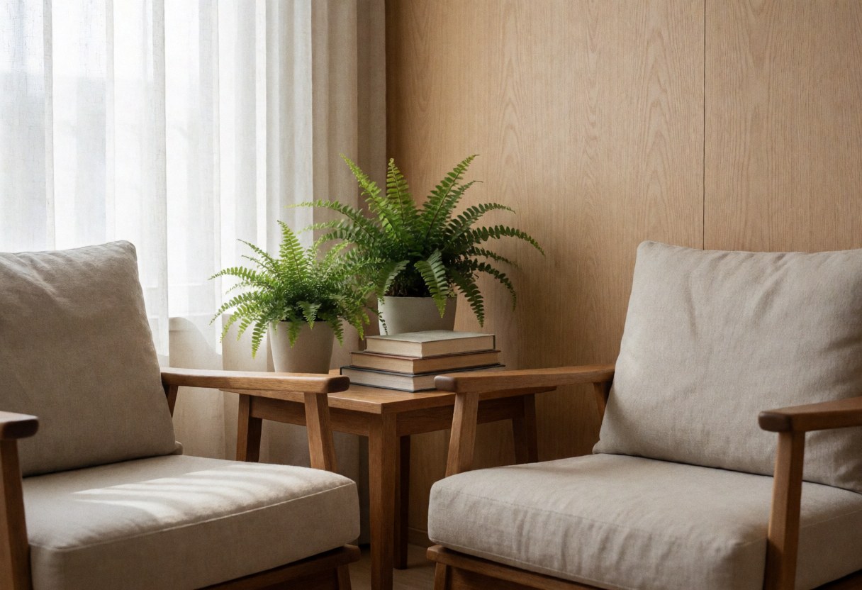 Two comfortable armchairs with cushions, a wooden side table with books and a plant, and a wooden wall in a serene interior setting.