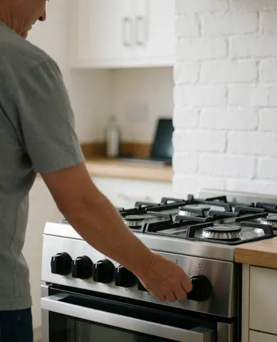 Close-up of a technician's hand adjusting the valve on a new gas stove in a kitchen with a white brick wall.