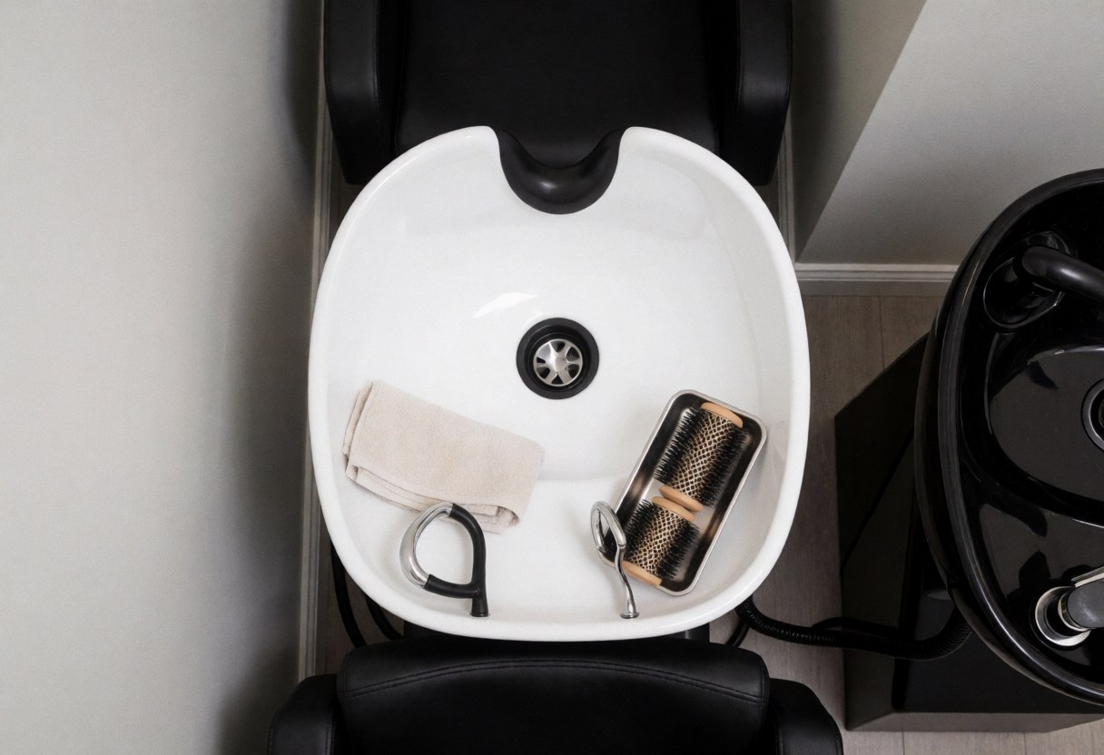 Neat hair washing station with towel, brushes, and black chair against warm gray walls