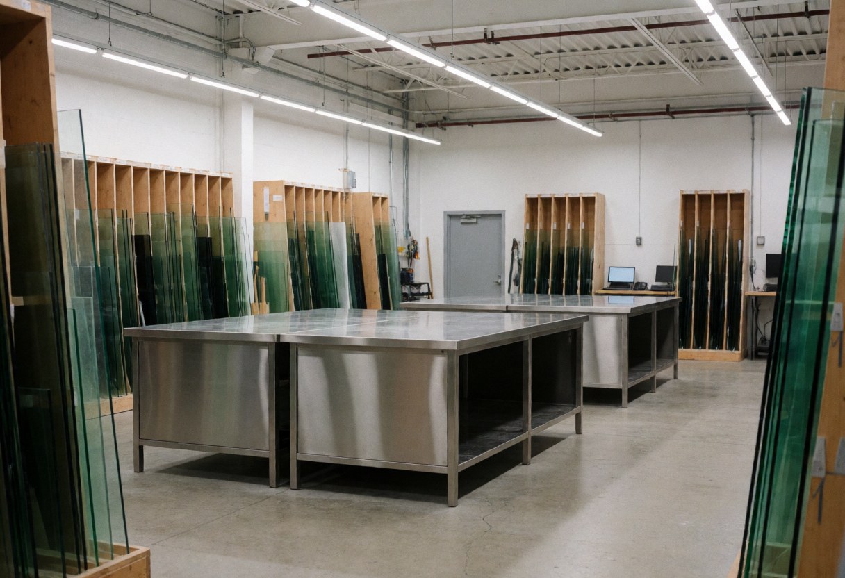 Glass workshop interior featuring stainless steel work tables, glass storage racks, and a concrete floor with LED lighting.