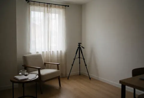 Empty photo studio featuring a comfortable chair, coffee, and tripod against white walls and light wood flooring, ideal for portraits.