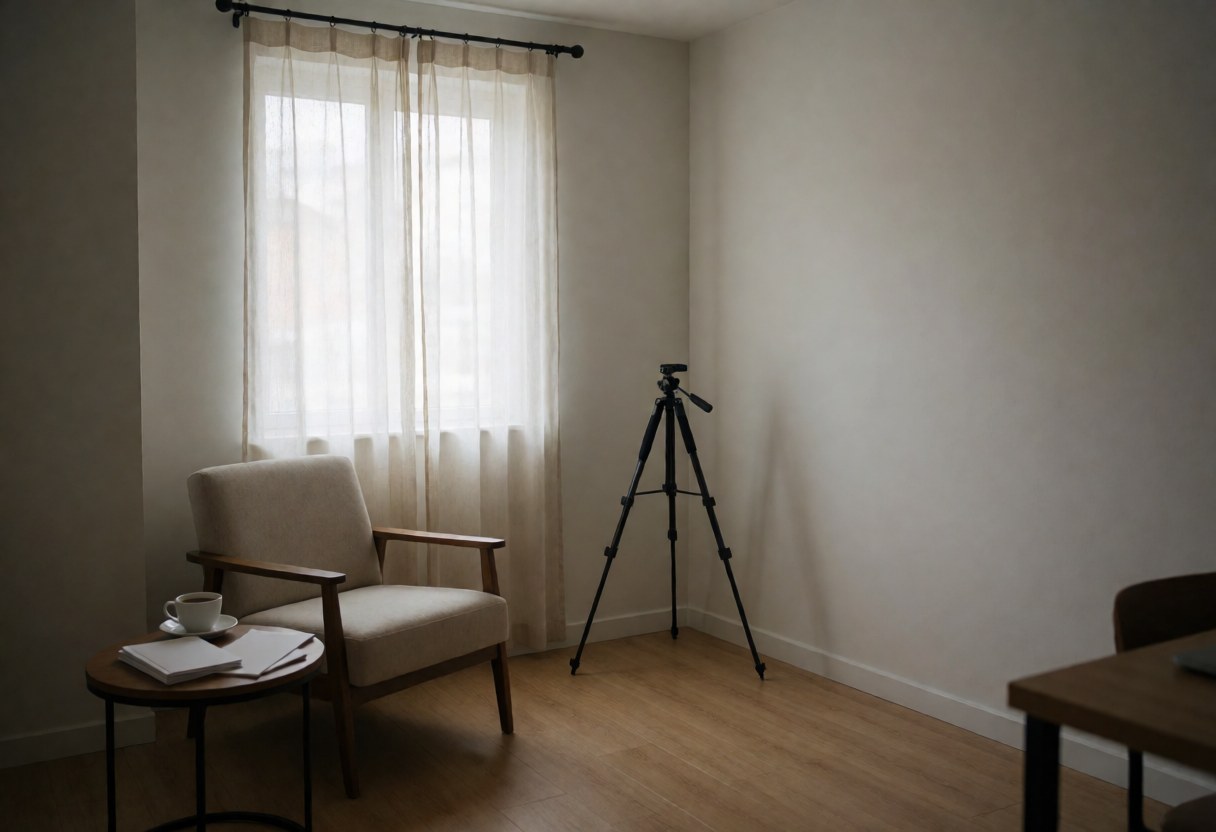 Empty photo studio featuring a comfortable chair, coffee, and tripod against white walls and light wood flooring, ideal for portraits.