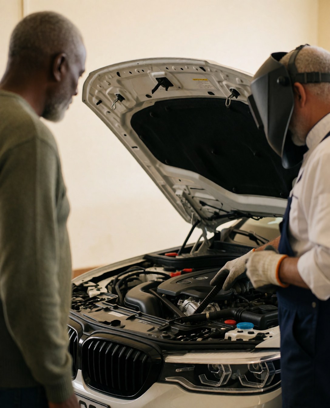 Mechanic in welding helmet displays new engine component to attentive customer in workshop