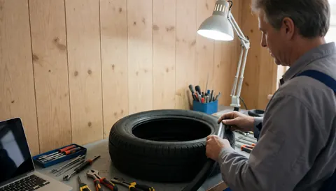 Mechanic installing inner tube on tire at workbench with tools and wooden walls, copy space available