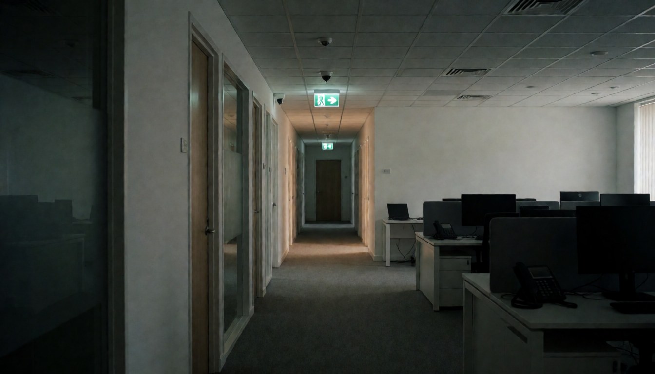A modern empty office hallway featuring emergency lighting and security cameras, suitable as a background for security business content.